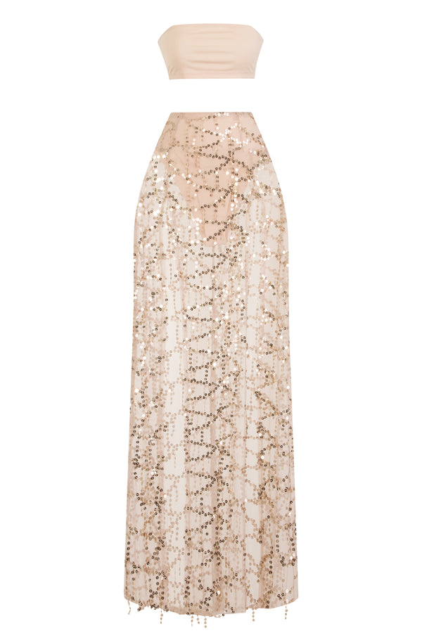 Latina Nude Sheer Gold Sequin Tassel Double Slit Skirt Co Ord Set