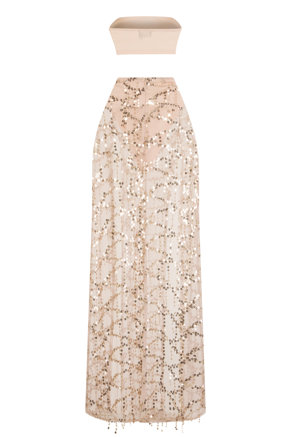 Latina Nude Sheer Gold Sequin Tassel Double Slit Skirt Co Ord Set
