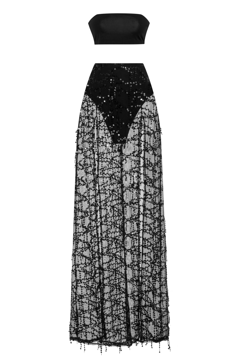 Latina Black Sheer Sequin Tassel Double Slit Skirt Co Ord Set