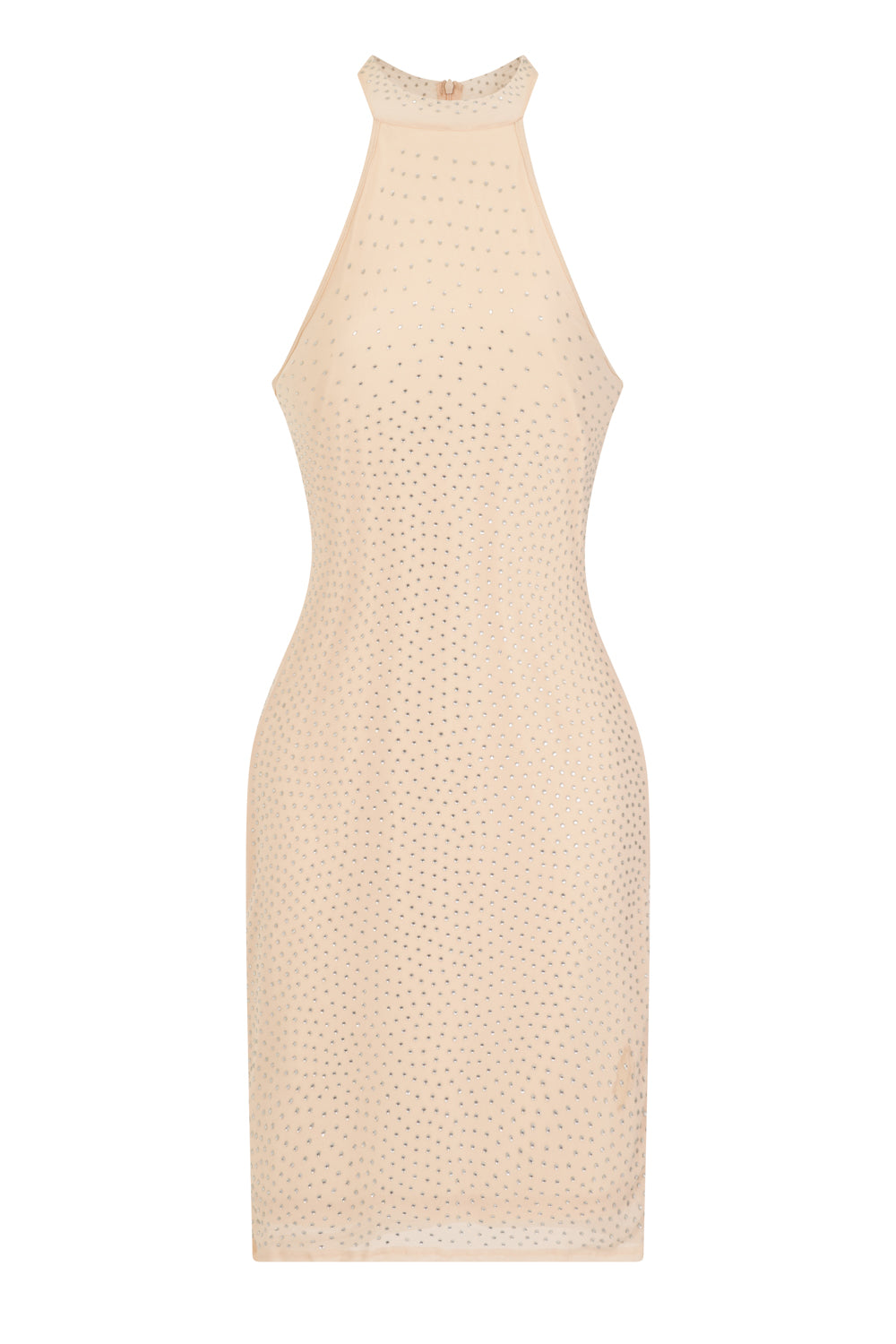 Glow Up Luxe Nude Rhinestone Bling High Neck Bodycon Mesh Dress
