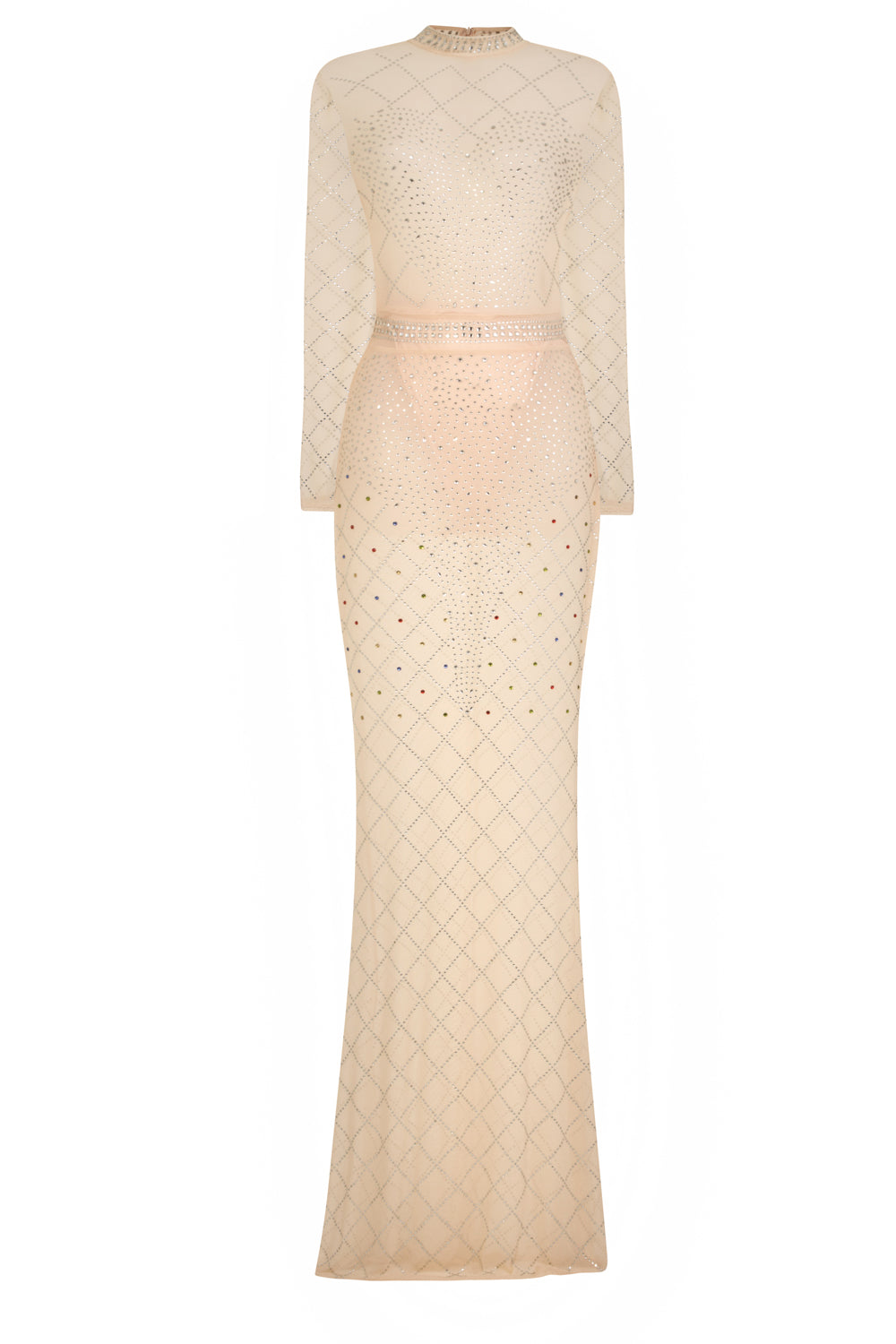 Sheer Dreams Nude Crystal Rhinestone Mesh Transparent Maxi Dress