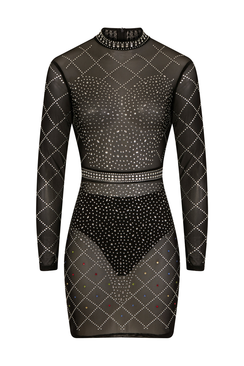 Lopez Black Crystal Rhinestone Embellished Sheer Mesh Bodycon Dress