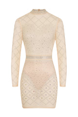 Lopez Nude Crystal Rhinestone Embellished Sheer Mesh Bodycon Dress