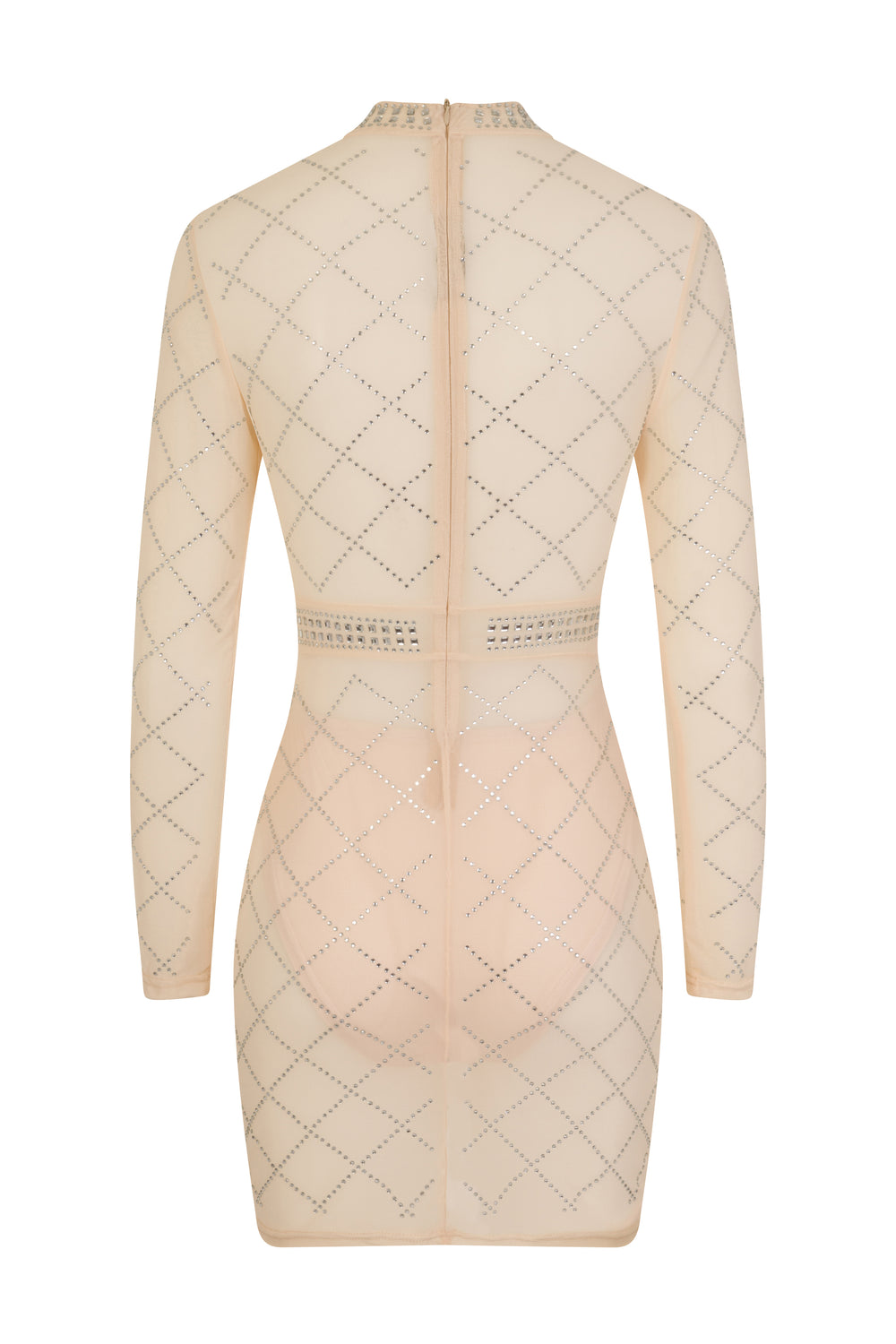 Lopez Nude Crystal Rhinestone Embellished Sheer Mesh Bodycon Dress