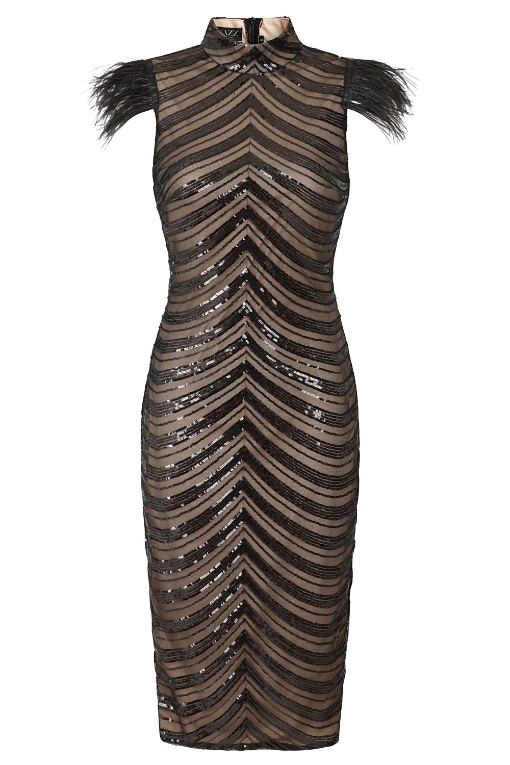 Destiny Vip Black Luxe Feather Sequin Illusion Midi Pencil Dress