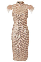 Destiny Vip Rose Gold Luxe Feather Sequin Illusion Midi Pencil Dress