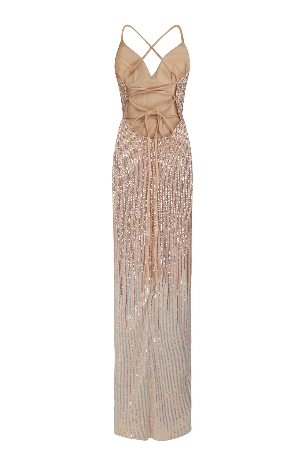 Tiara Rose Gold Silver Ombre Sequin Plunge Thigh Slit Fishtail Dress