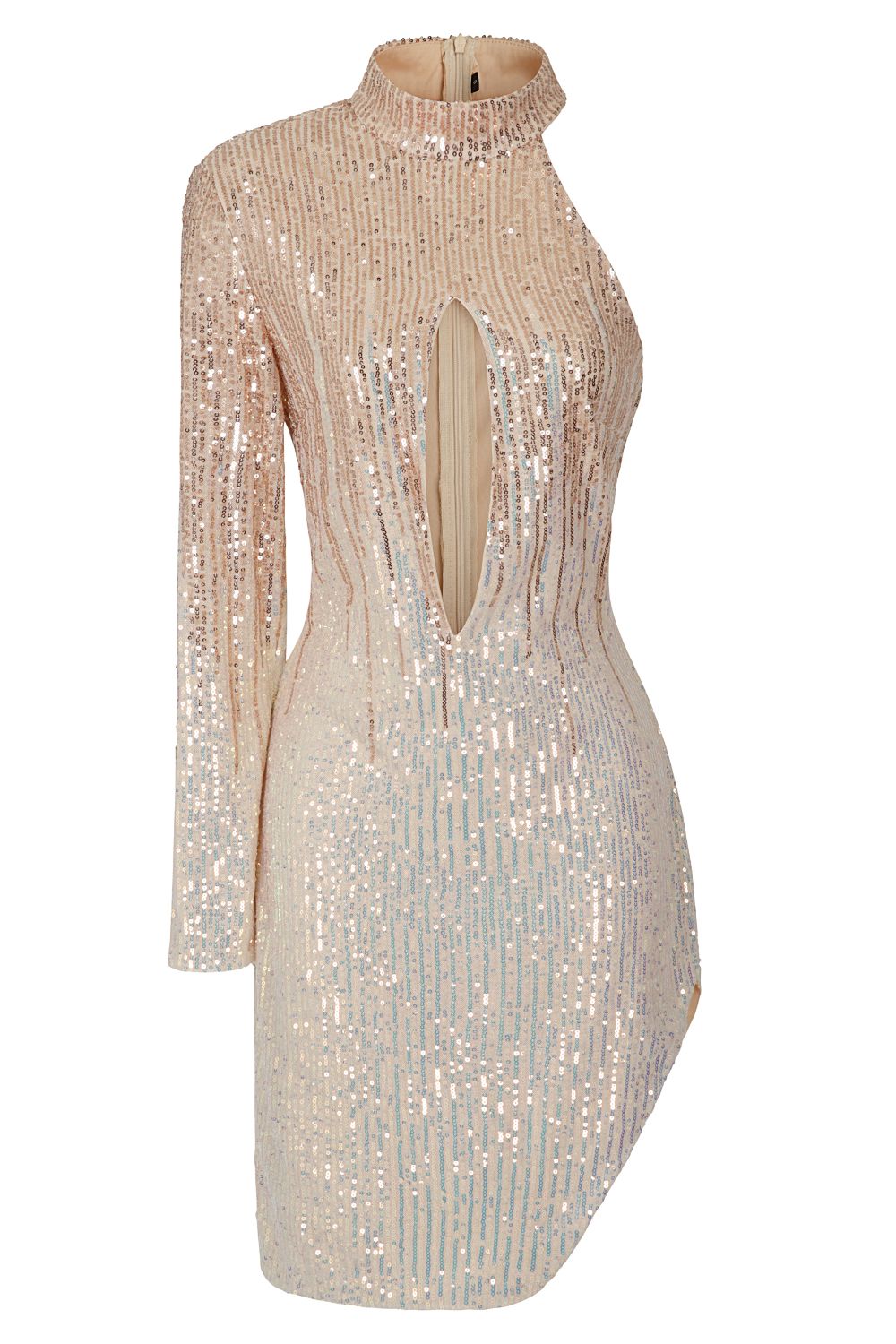 Be Mine Rose Gold Silver Ombre Sequin Keyhole One Sleeve Dress