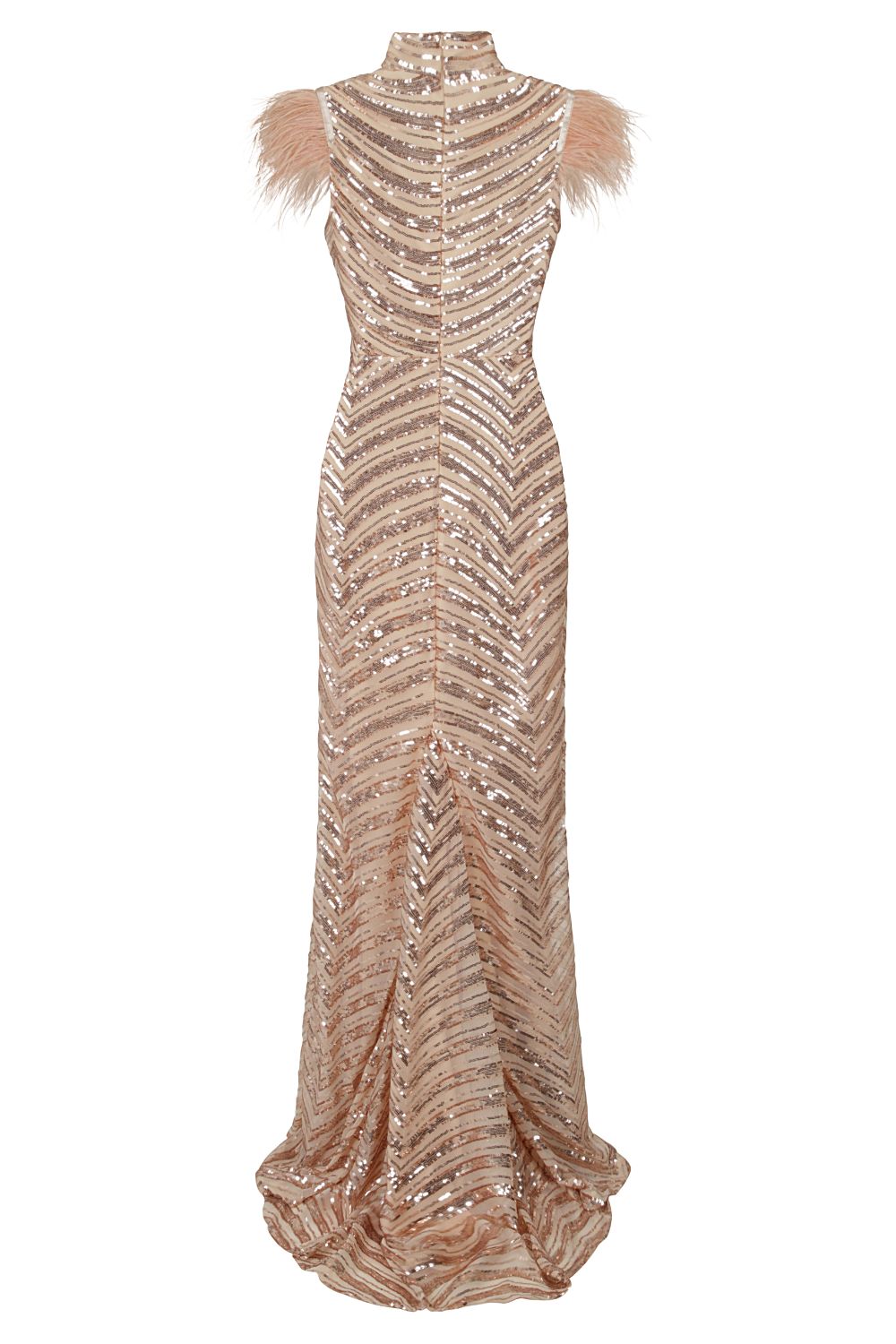 Power Vip Rose Gold Luxe Feather Shoulder Sequin Illusion Maxi Dress