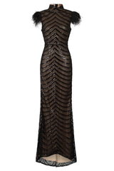 Power Vip Black Luxe Feather Shoulder Sequin Illusion Maxi Dress