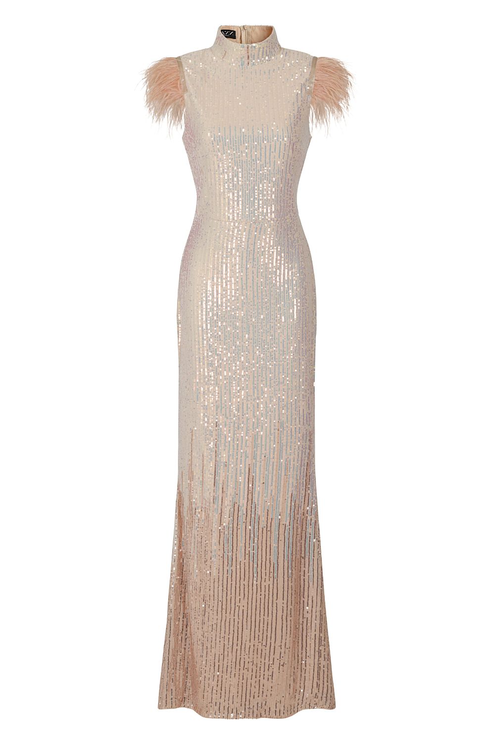Bliss Vip Rose Gold Silver Ombre Sequin Feather Maxi Mermaid Dress