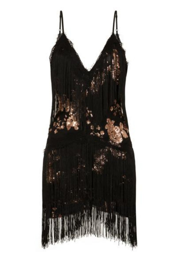 Milan Black Rose Gold Plunge Floral Sequin Fringe Dress
