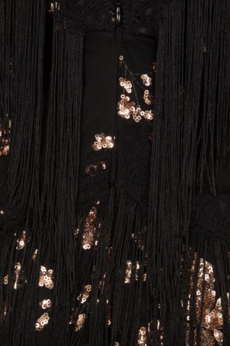 Milan Black Rose Gold Plunge Floral Sequin Fringe Dress