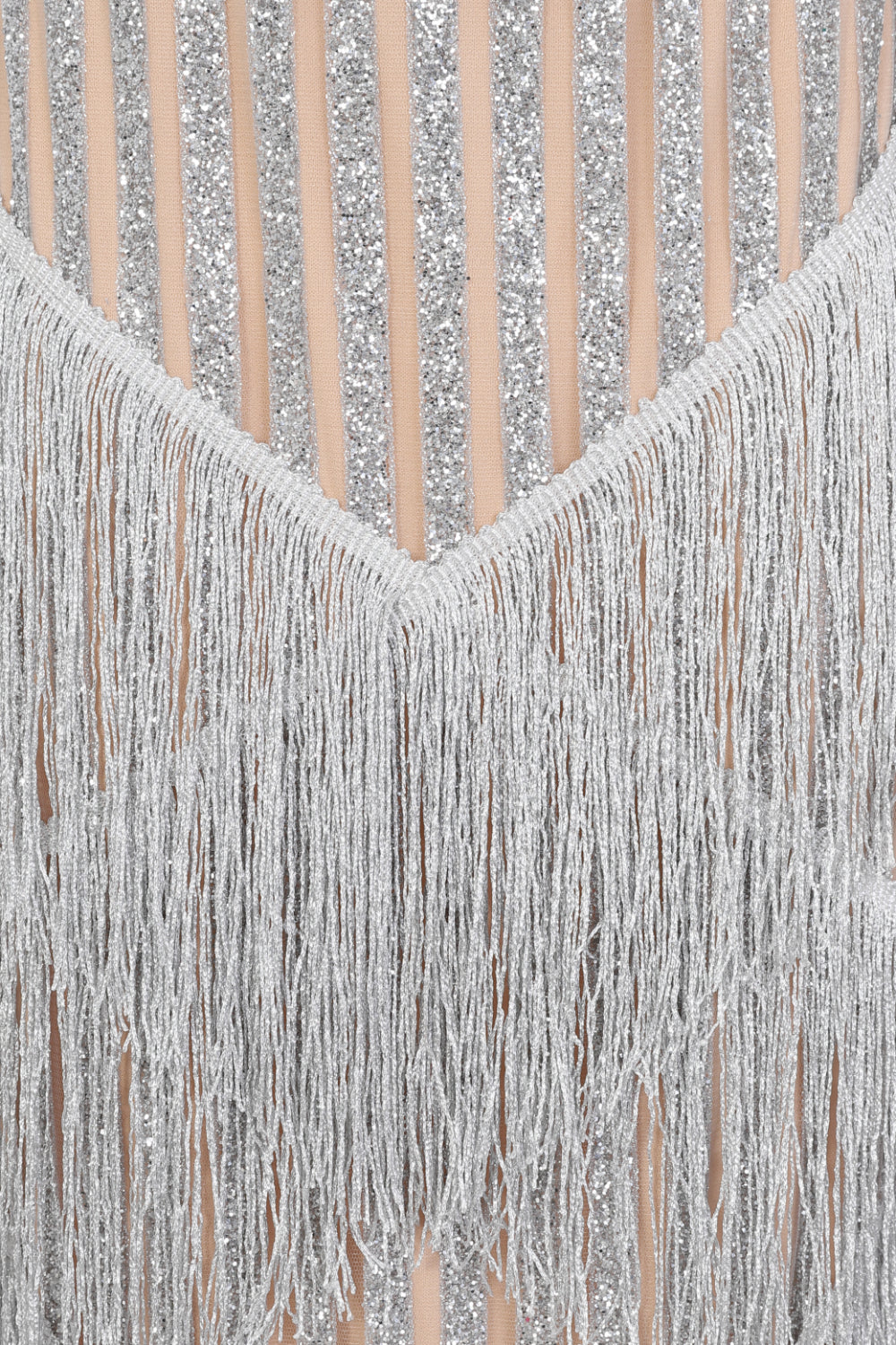 Amira Silver & Nude Glitter Stripe Tassel Fringe Bardot Fishtail Dress