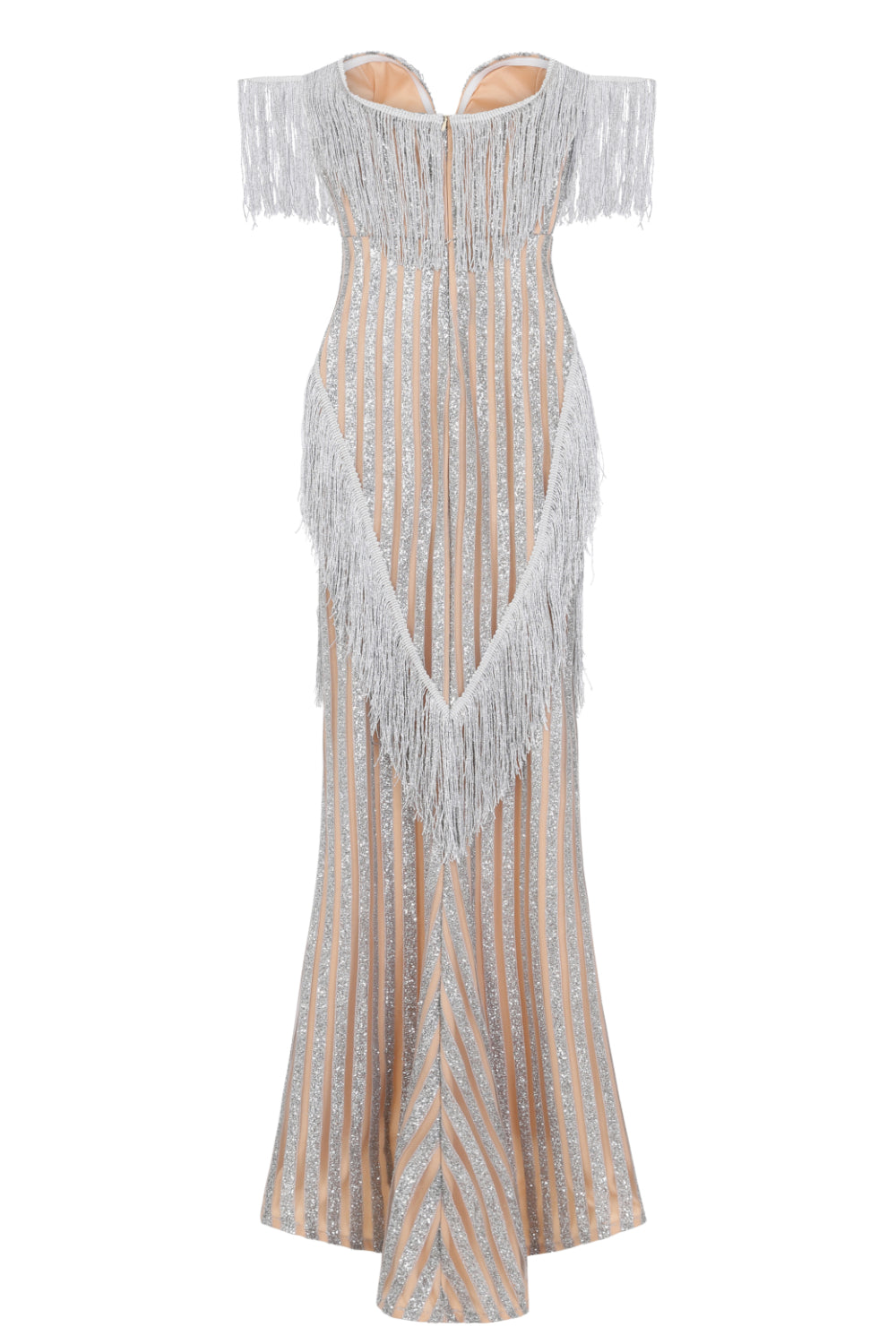 Amira Silver & Nude Glitter Stripe Tassel Fringe Bardot Fishtail Dress