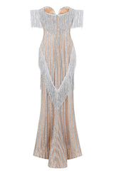 Amira Silver & Nude Glitter Stripe Tassel Fringe Bardot Fishtail Dress