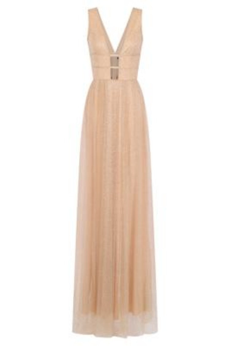 Hart Nude Gold Mesh Sparkle Plunge Maxi Gown Dress