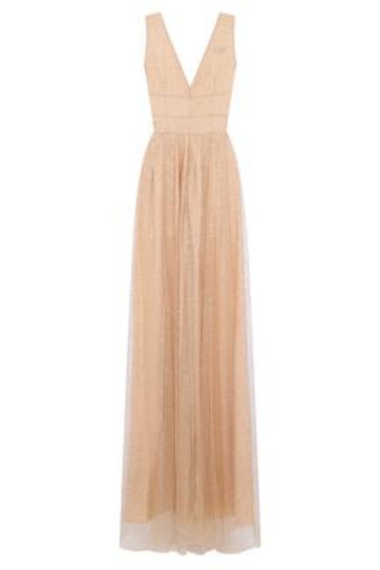 Hart Nude Gold Mesh Sparkle Plunge Maxi Gown Dress