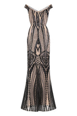 Love Affair Luxe Black Nude Illusion Sequin Bardot Mermaid Maxi Dress
