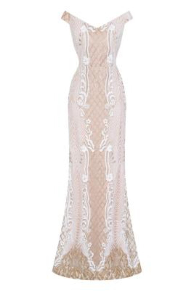 Enchanted Vip White Gold Sequin & Embroidery Bardot Fishtail Mermaid Dress