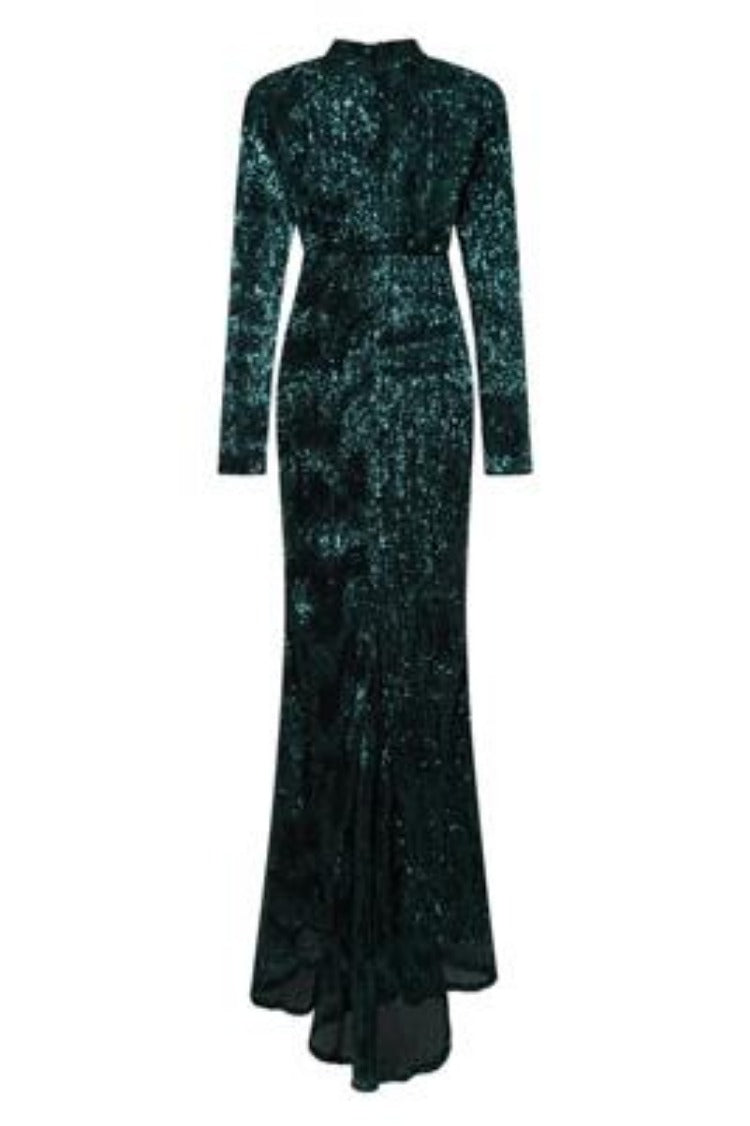Salma Luxe Emerald Keyhole Glistening Sequin Fishtail Maxi Dress
