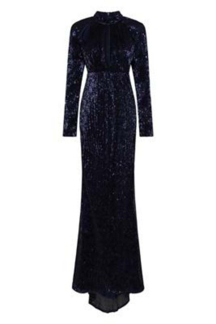 Salma Luxe Navy Keyhole Glistening Sequin Fishtail Maxi Dress