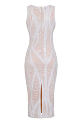Iconic Luxe White Nude Cage Sequin Bandage Illusion Midi Pencil Dress