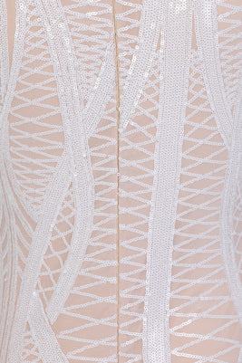 Iconic Luxe White Nude Cage Sequin Bandage Illusion Midi Pencil Dress