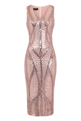 Iconic Luxe Rose Gold Cage Sequin Bandage Illusion Midi Pencil Dress