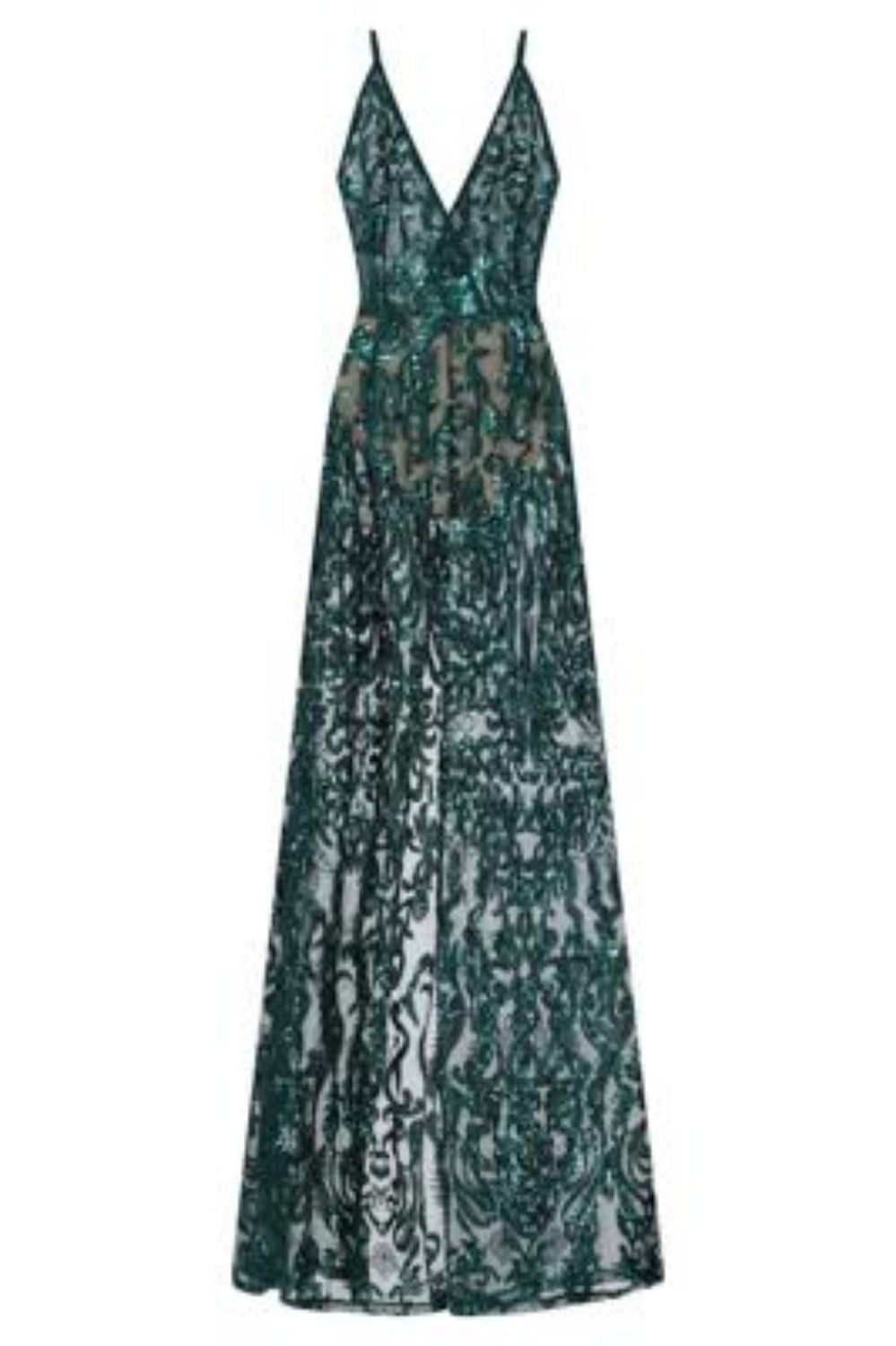 Unleashed Green Sheer Luxe Sequin Slit Maxi Gown Dress