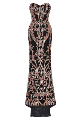 Love Spell Black Rose Gold Sweetheart Brocade Sequin Fishtail Dress