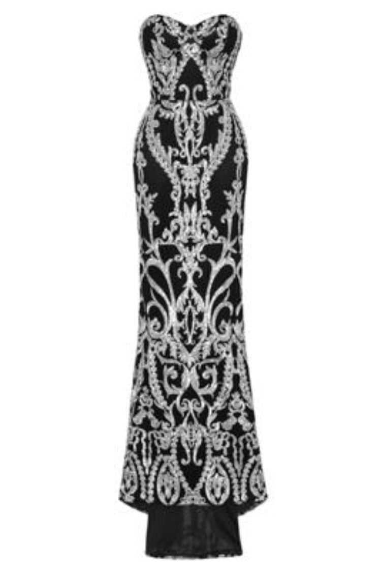Love Spell Black Silver Sweetheart Brocade Sequin Fishtail Dress