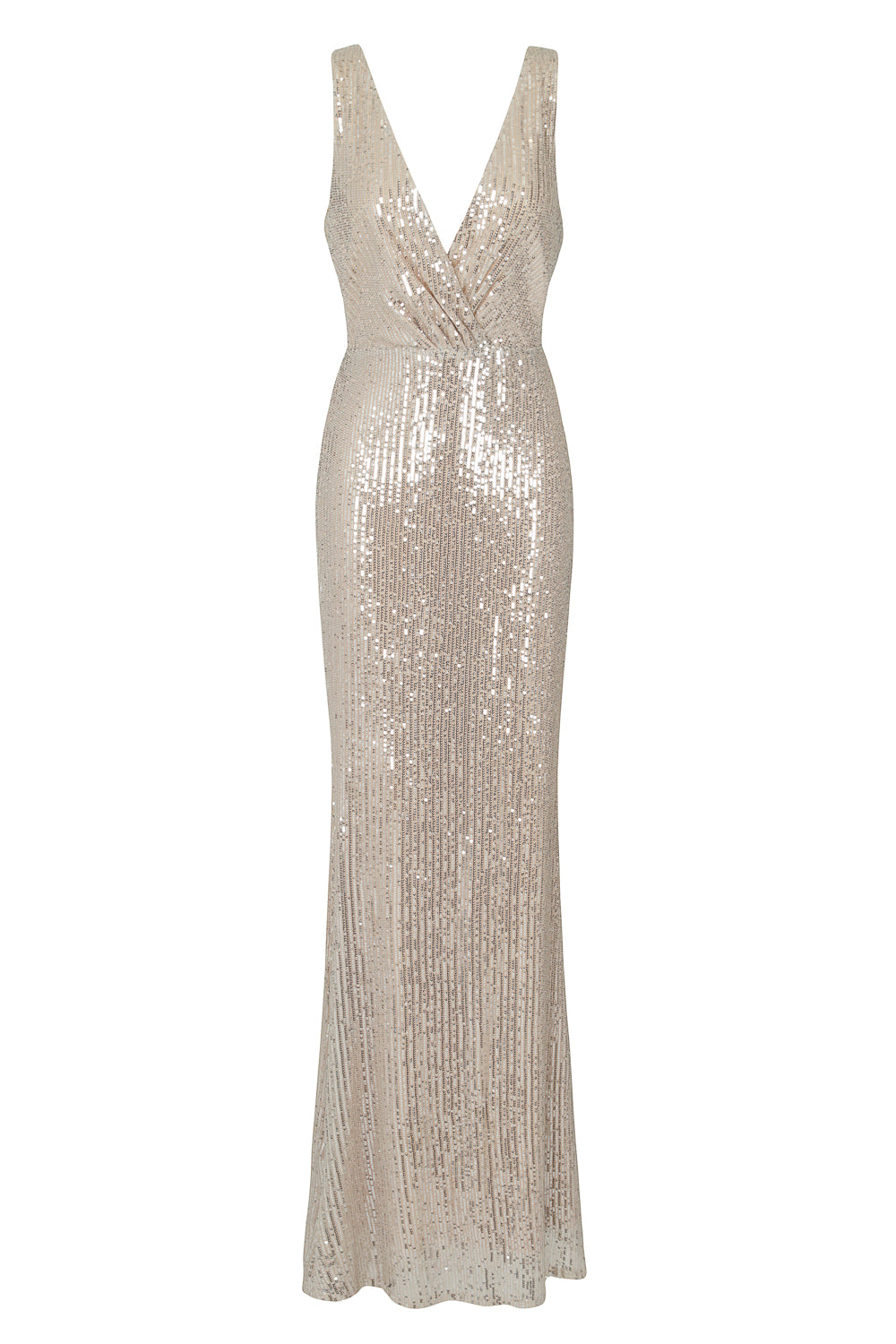 The One Silver Sequin Plunge Backless Maxi Dress