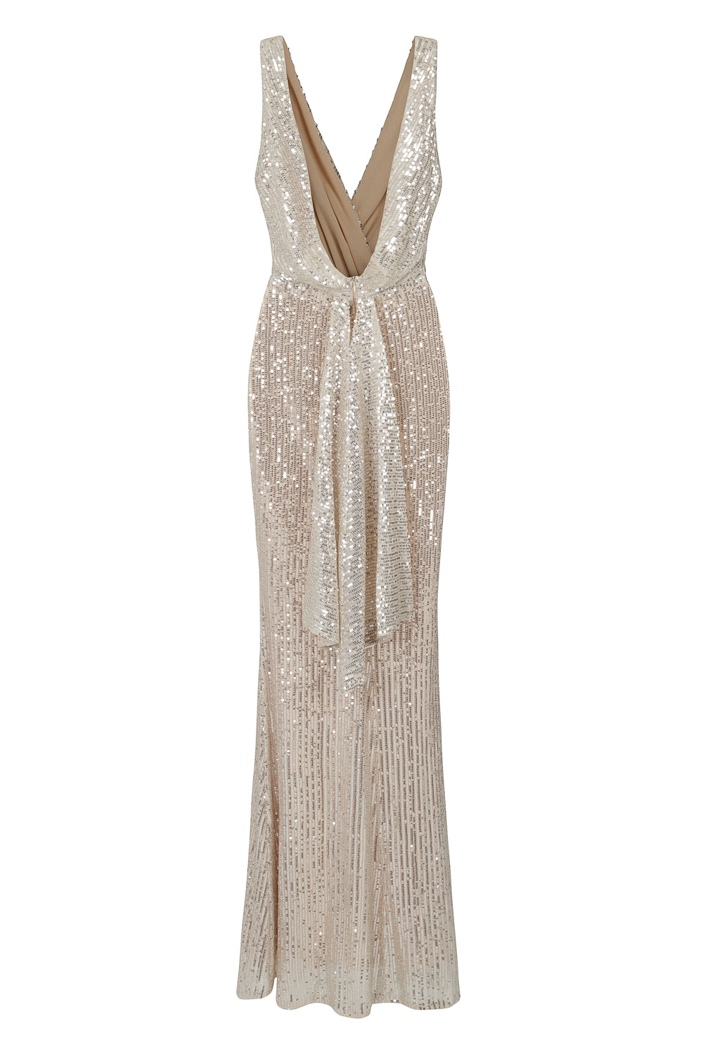 The One Silver Sequin Plunge Backless Maxi Dress