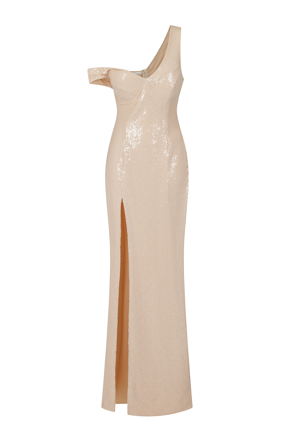 Marilyn Champagne Sequin Off The Shoulder Maxi Slit Dress