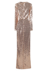 Hollywood Vip Rose Gold Sequin Plunge Slit Maxi Dress