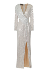 Gleaming Goddess Silver Sequin Plunge Wrap Slit Maxi Dress