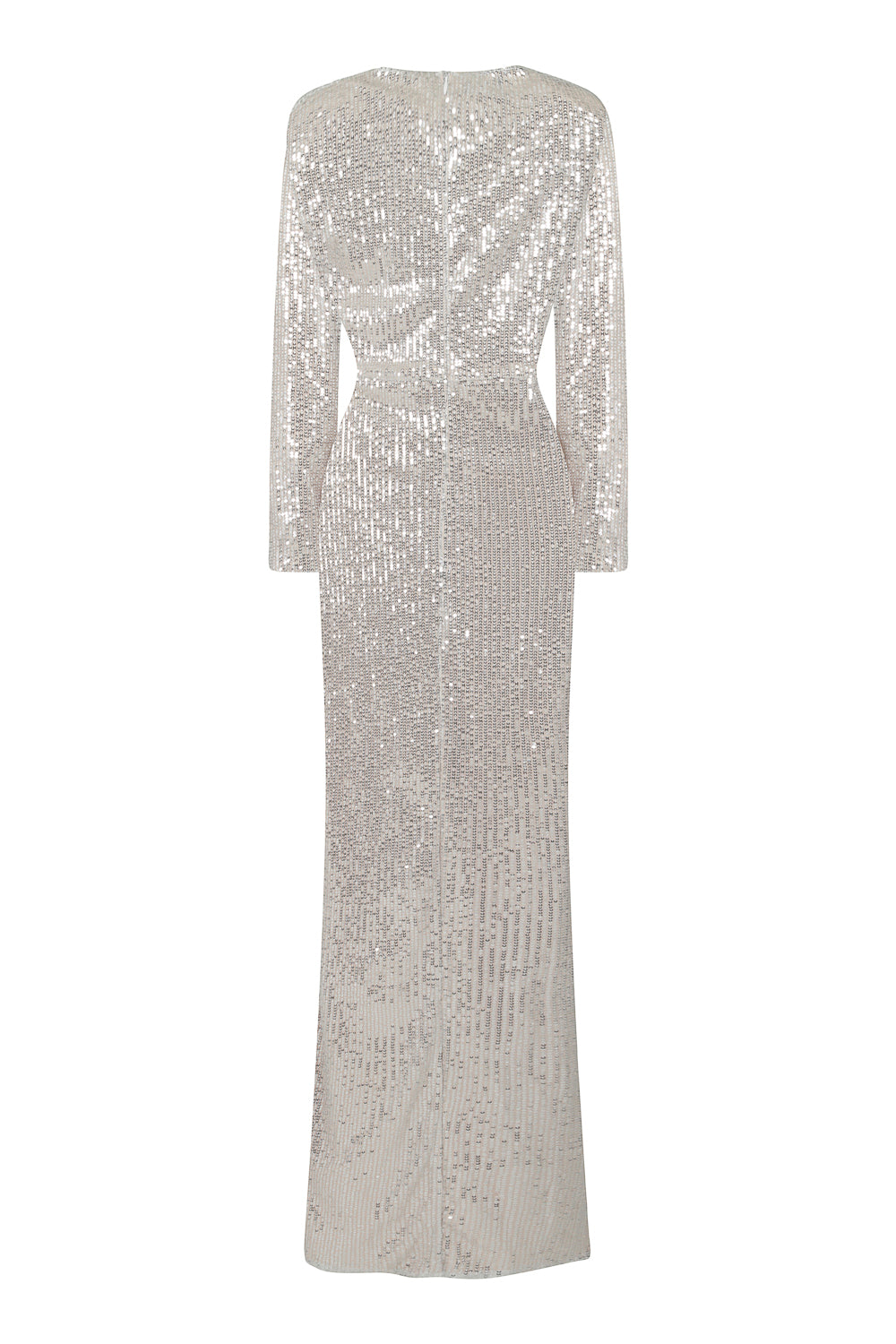 Gleaming Goddess Silver Sequin Plunge Wrap Slit Maxi Dress