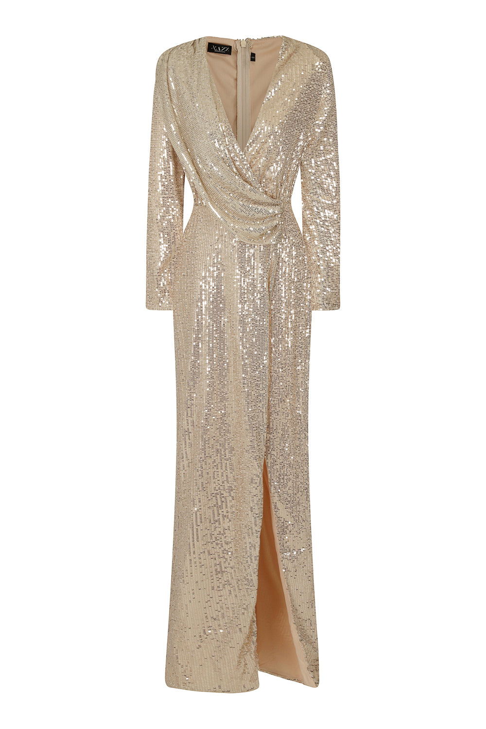 Gleaming Goddess Champagne Gold Sequin Plunge Wrap Slit Maxi Dress