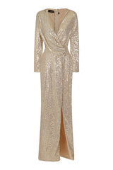 Gleaming Goddess Champagne Gold Sequin Plunge Wrap Slit Maxi Dress