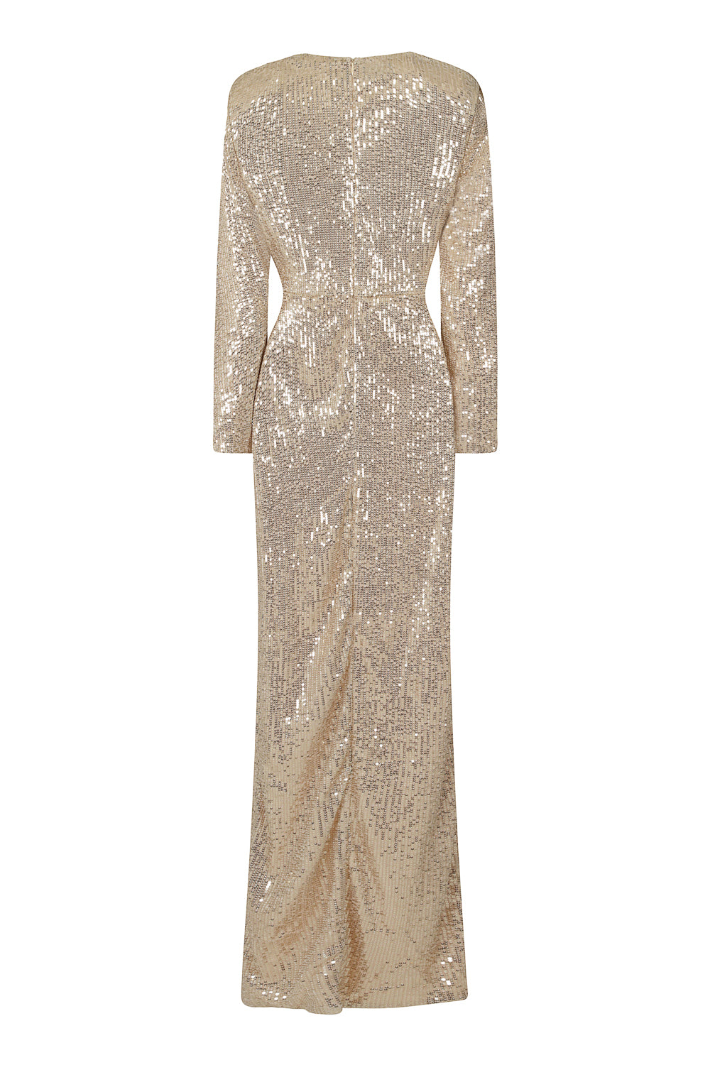 Gleaming Goddess Champagne Gold Sequin Plunge Wrap Slit Maxi Dress