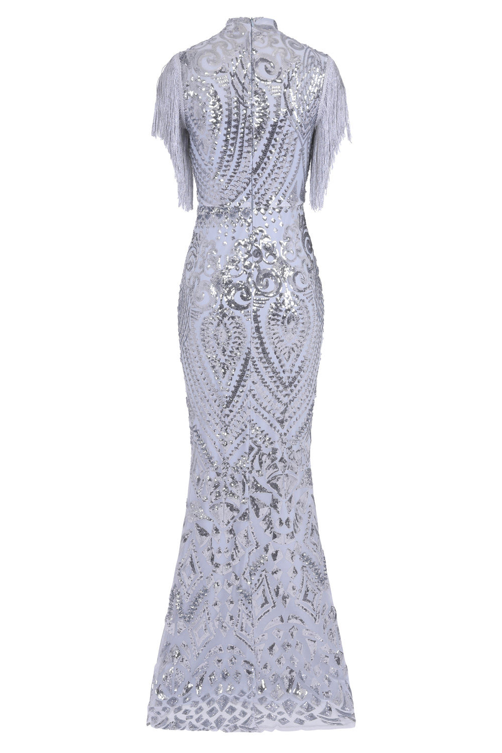 Magic Vip Silver Luxe Tassel Fringe Sequin Embellished Illusion Maxi Dress