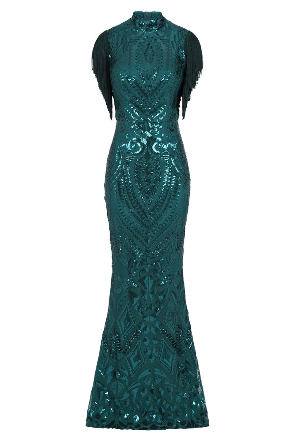 Magic Vip Green Luxe Tassel Fringe Sequin Embellished Illusion Maxi Dress