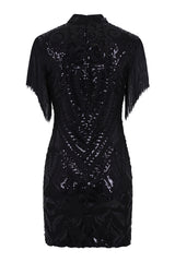 Kylie Vip Black Luxe Tassel Fringe Sequin Embellished Illusion Dress