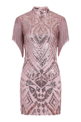Kylie Vip Rose Gold Luxe Tassel Fringe Sequin Embellished Illusion Dress