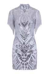 Kylie Vip Silver Luxe Tassel Fringe Sequin Embellished Illusion Dress