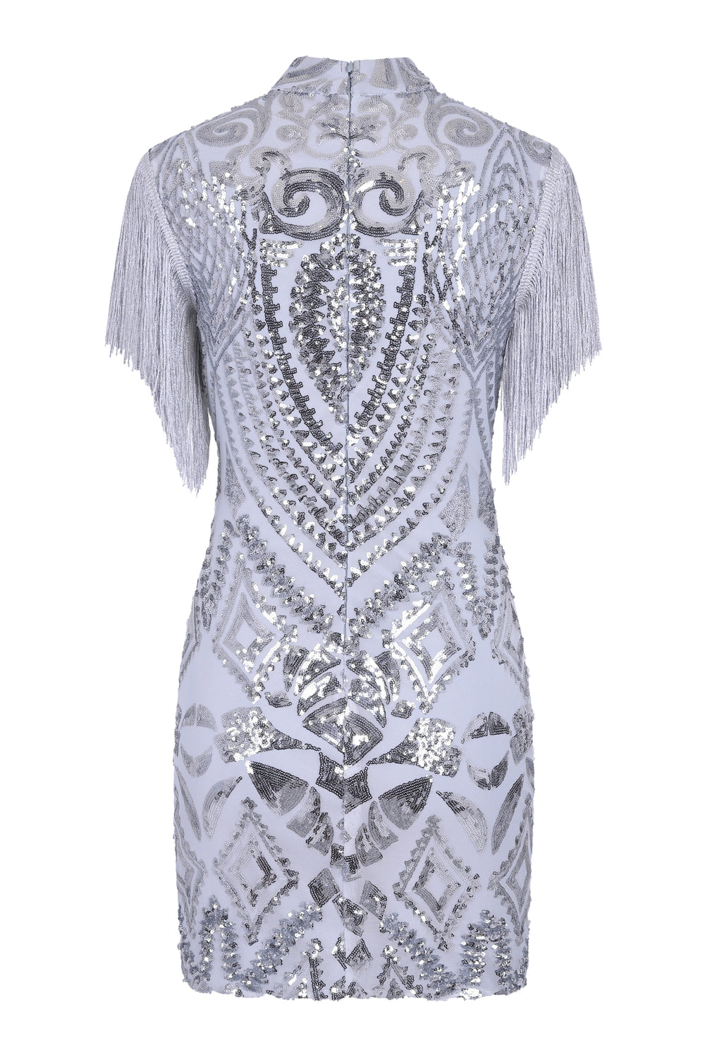Kylie Vip Silver Luxe Tassel Fringe Sequin Embellished Illusion Dress