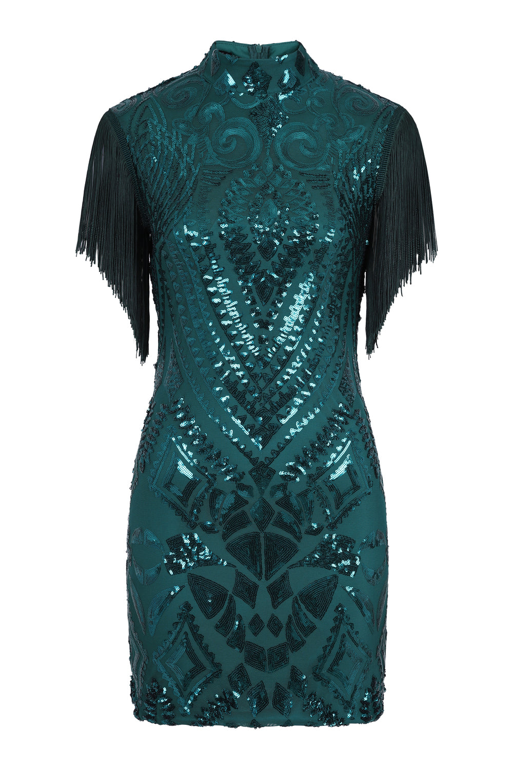 Kylie Vip Green Luxe Tassel Fringe Sequin Embellished Illusion Dress Nazz Collection