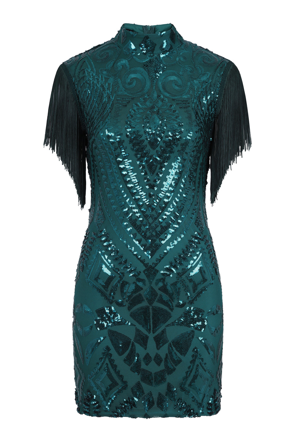 Kylie Vip Green Luxe Tassel Fringe Sequin Embellished Illusion Dress