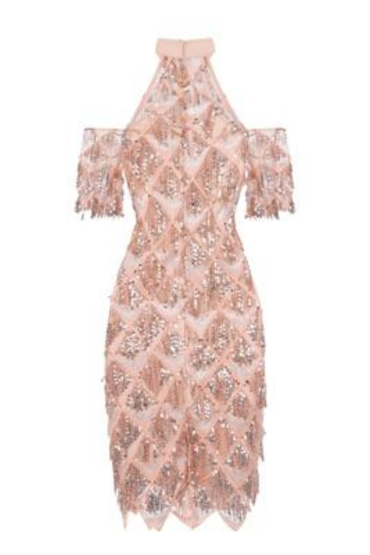 Treasure Rose Gold Sequin Tassel Fringe Cold Shoulder Midi Pencil Dress